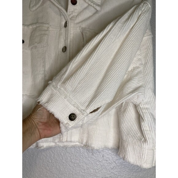 POL Jacket Womens M Ivory White Corduroy Raw Edge Cotton Trucker Puff Sleeve - Picture 7 of 11